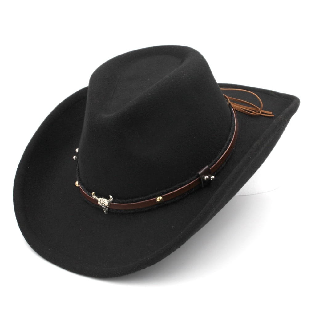 Mistdawn Unisex Wol Blend Western Cowboy Fedora Cap Brede Rand Sombrero Godfather Cap Kerk Caps Jazz Hoed Tauren Lederen Band: Black