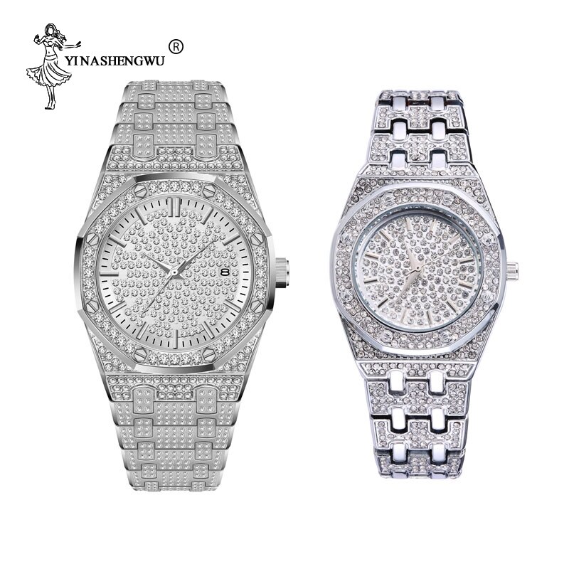 18K Gold Iced Out Lab Steentjes Luxe Rvs Analoge Quartz Waterdicht Minnaar Horloge Set Relogio masculino