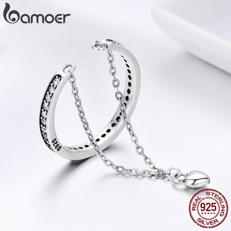 BAMOER 100% 925 Sterling Silver Stackable Clear CZ Heart Chain Double Layer Ring for Women Wedding Jewelry SCR291