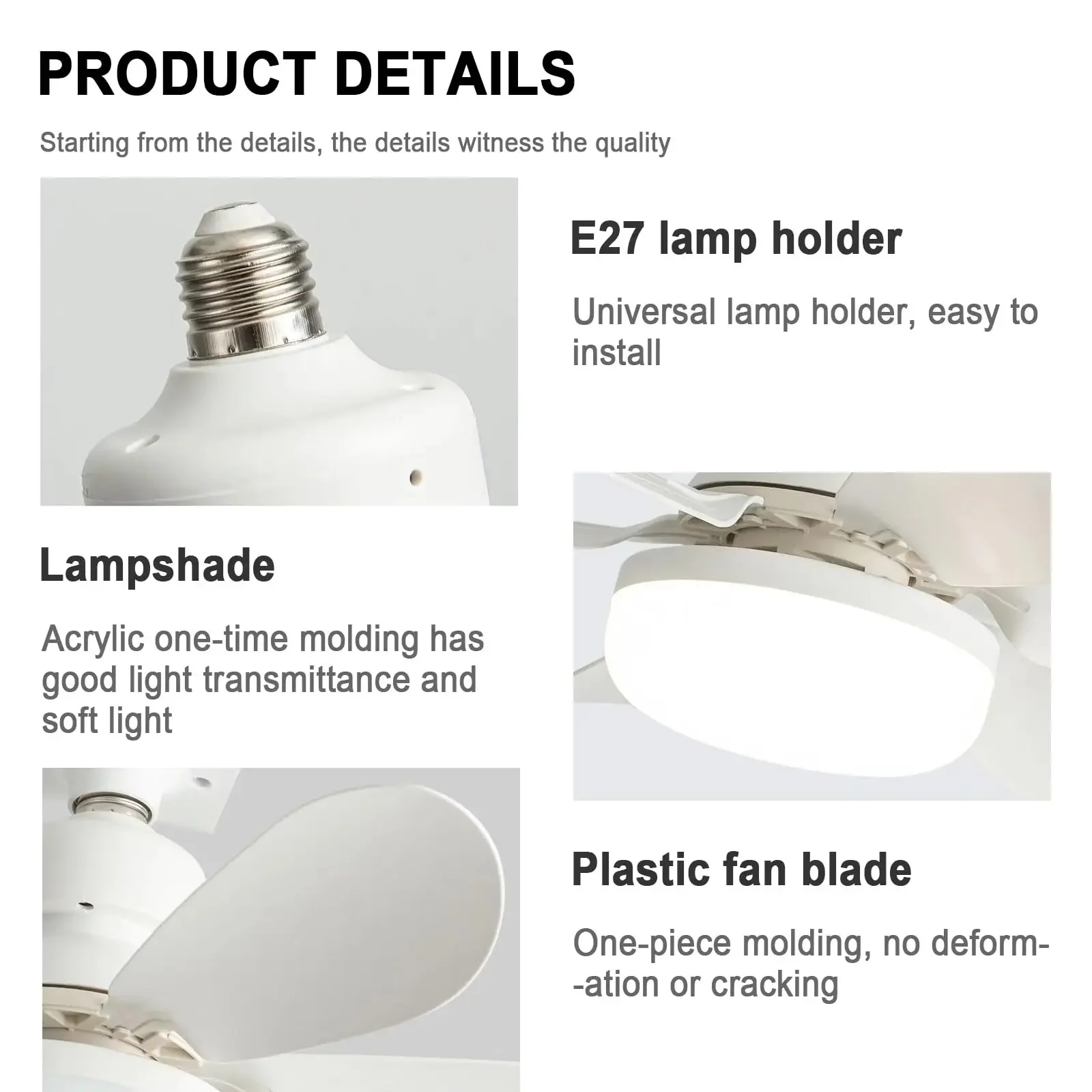 Ventilador de teto com soquete com luz com controle remoto regulável com 6 lâminas para quarto, cozinha e salas pequenas