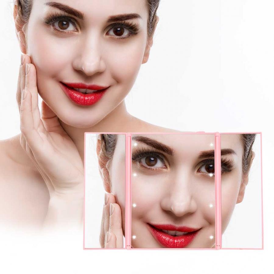 Roze LED Drie Fold Up Spiegel Vouwen Cosmetische Make-up Beauty Spiegels Met Licht voor Reizen Badkamer Tafelblad