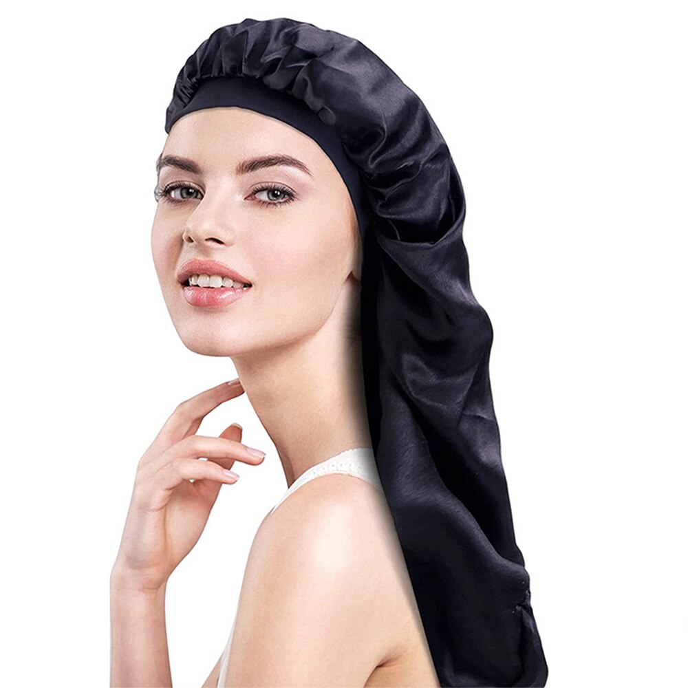 Gorro de dormir de seda 100% para mujer, funda de dormir de seda nocturna con cinta elástica para el cuidado del cabello, pelo largo 19 Momme