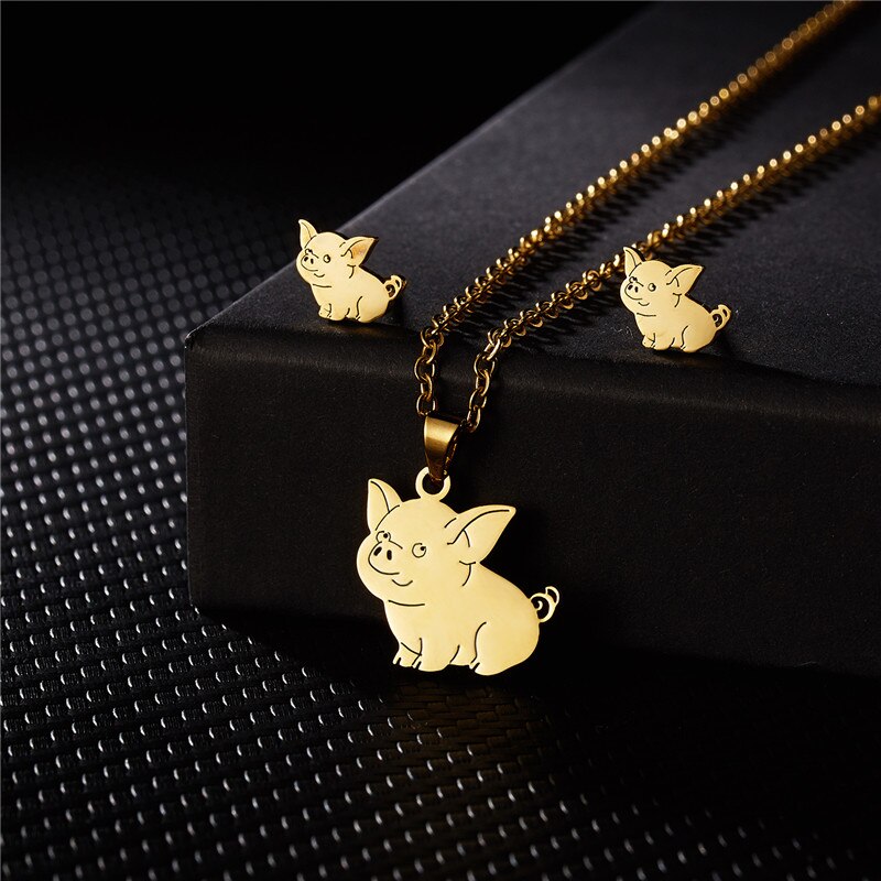 Rinhoo Dier Vlinder Rvs Hanger Ketting Sets Voor Vrouwen Kat Visgraten Ketting Oorbellen Sieraden: Pig