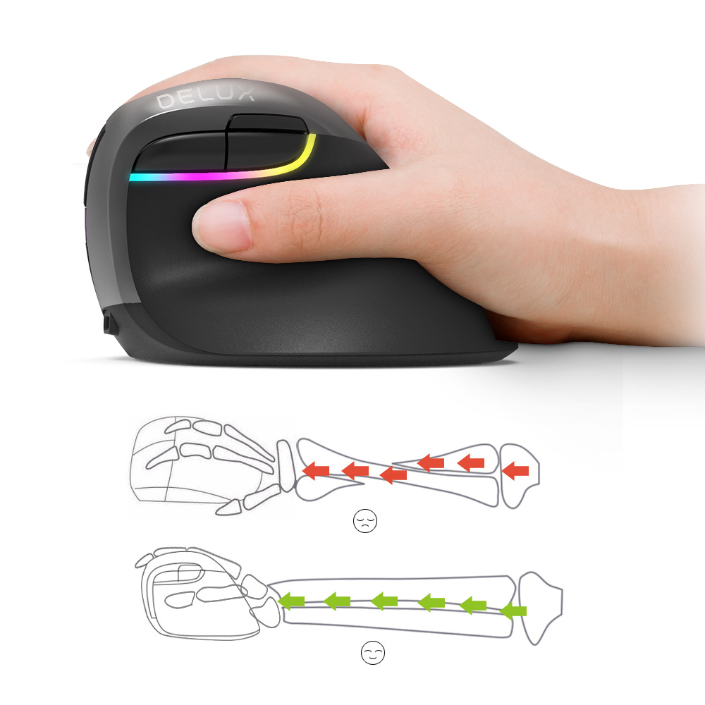 Delux M618 Mini Ergonomic Mouse Gaming Wireless Vertical Mouse Bluetooth 2.4GHz RGB Rechargeable Silent Mice for Office