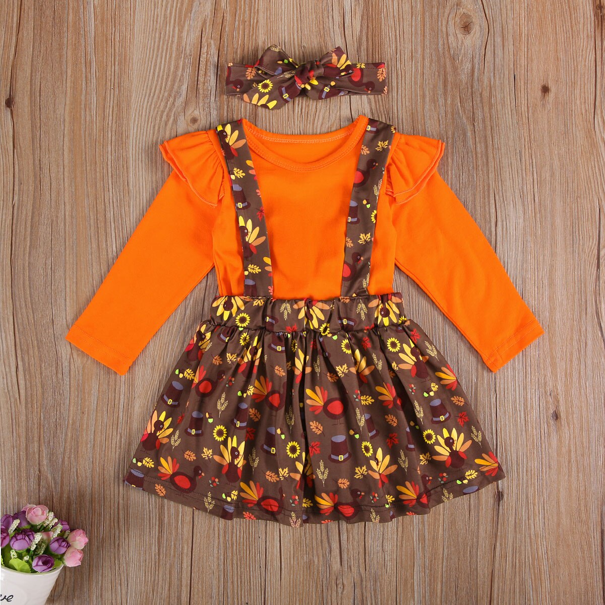 Thanksgiving Peuter Baby Meisjes 3 Stuks Rokken Outfits, Lange Mouwen Top + Jarretel Gedrukt Rok + Hoofdband