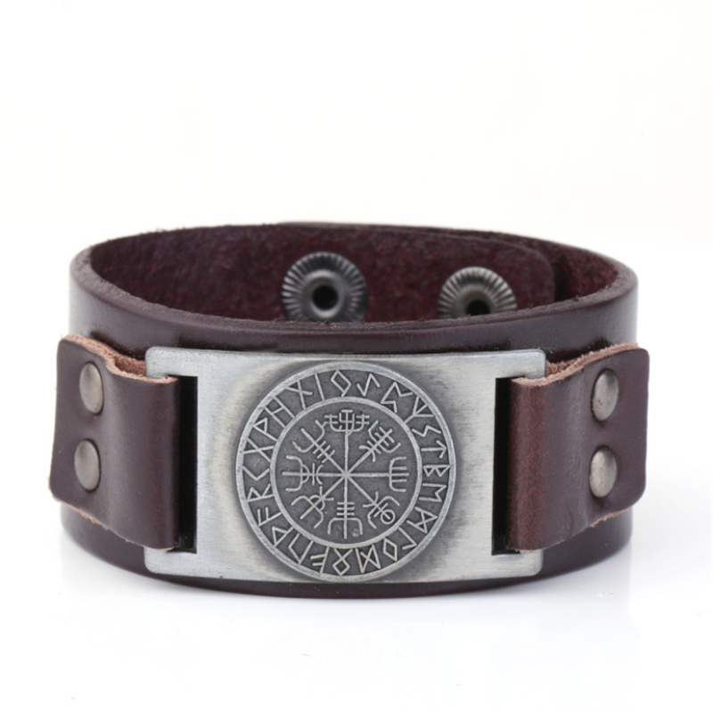 1Pc Viking Vegvisir Kompas Hangers Bangle Nordic Runen Mannen Sieraden Odin Symbool Imitatie Lederen Armbanden