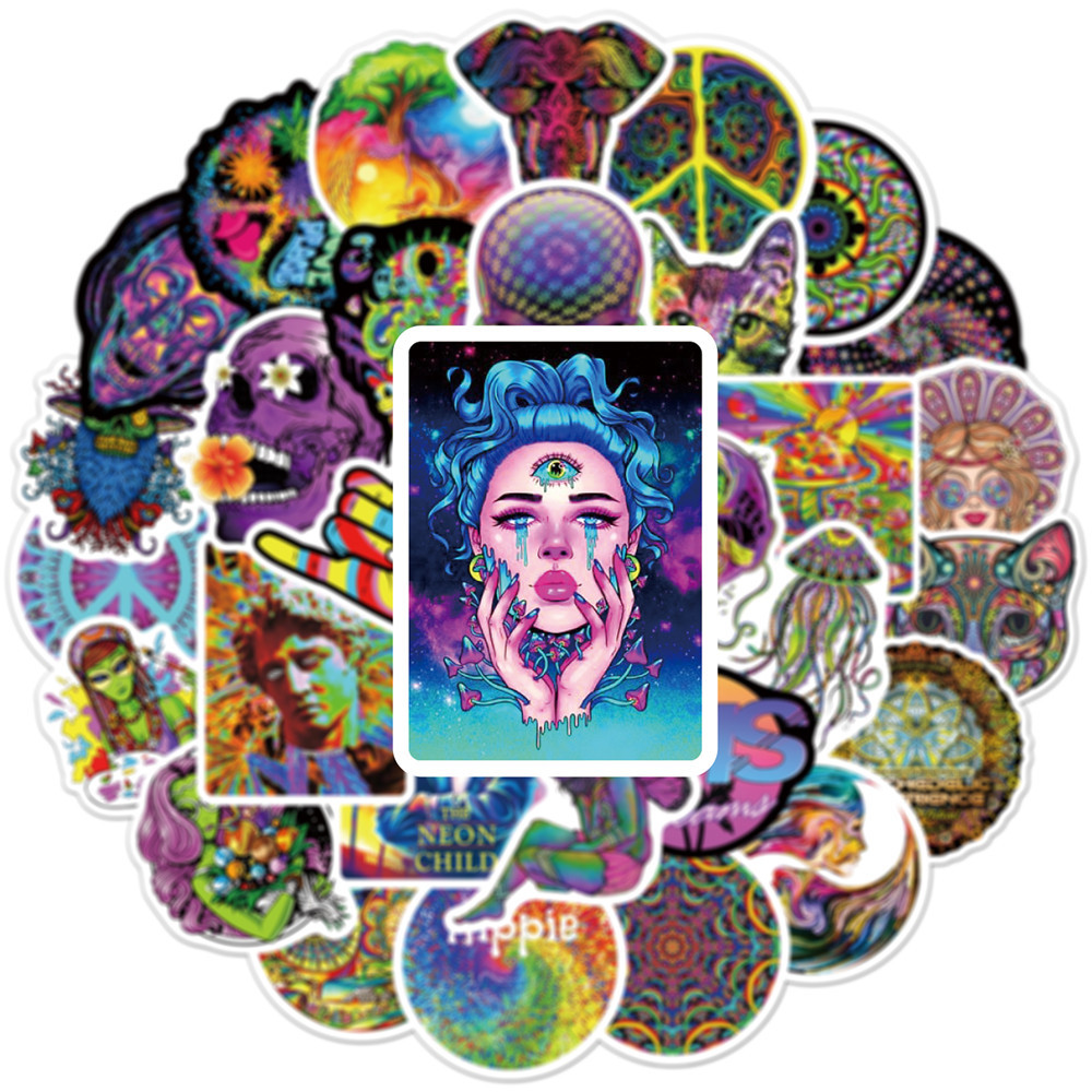 50Pcs Stoner Psychedelic Stickers Vinyl Waterproof Trippy Stickers Dazzling Decals DIY Stickers Scrapbooking Phone Sticker