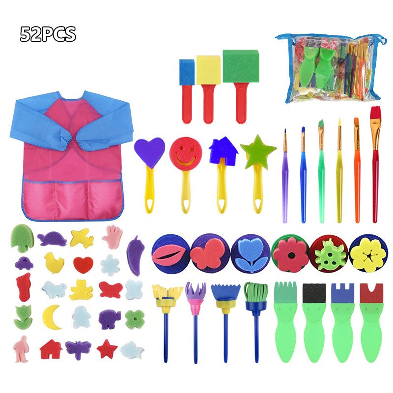 DIY Children Painting Foam Sponge Brush Apron Moulds Tools Kit Kids Early Art Education Learning Drawing Graffito Tools: 52pcs toys gift