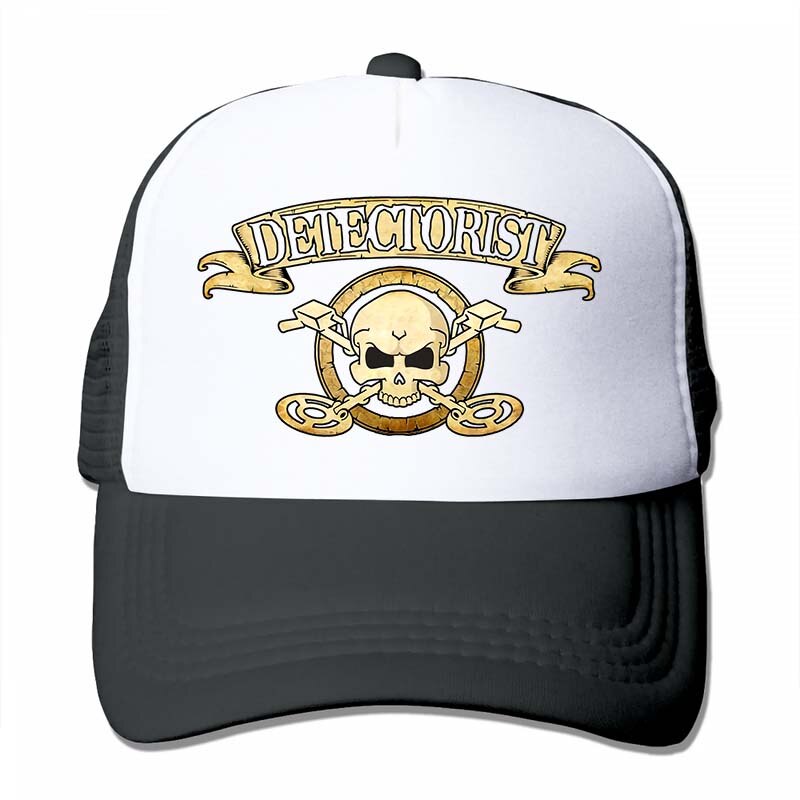 Men detectorist skull & crossbones Metal detector Treasure hunter 2 sided cotton badge Baseball cap men women Trucker Hats: 4-Black