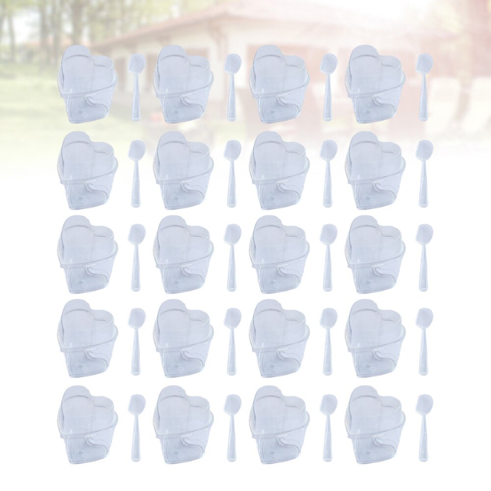 10 Sets 150ml Transparent Jelly Pudding Cup Mousse Dessert Container Heart Shape Bowl (Cup+Spoon+Lid)