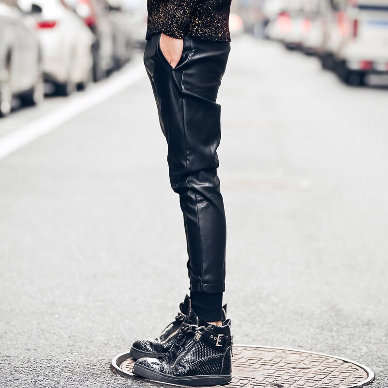 Heren casual leren broek schroef nep tweedelige skinny broek mannelijke taps toelopende broek zwarte broek zanger kostuums