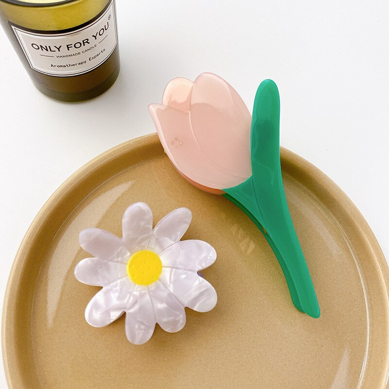 Pinza para el pelo con forma de flor para mujer y niña, accesorios para el cabello, placa de ácido acético, pequeña Margarita, tulipán, acetato, diamantes de imitación