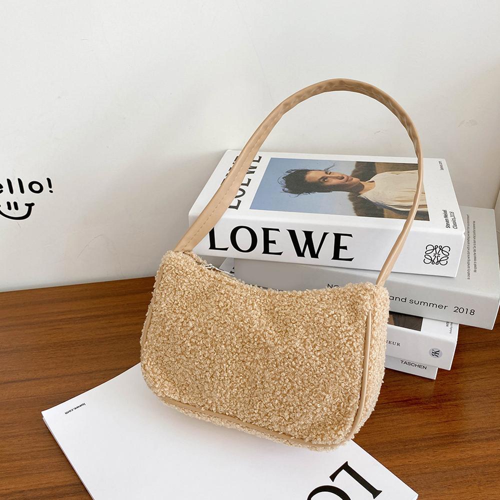 Autumn Winter Female Square Tote bag Woolen Women's Handbag Ladies Underarm Shoulder Bags: Camel