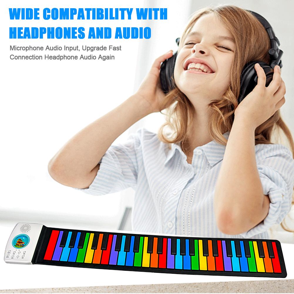 Roll Up Piano 49 Keys Silicone Portable Foldable Colorful Soft Keyboard Electronic Piano Rainbow Key Rechargable for Kids