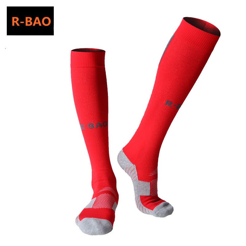 R-BAO 1 Pair Cotton Long Soccer Socks Non-slip Sport Football Ankle Leg Shin Guard Compression Protector For Men 39-44: red