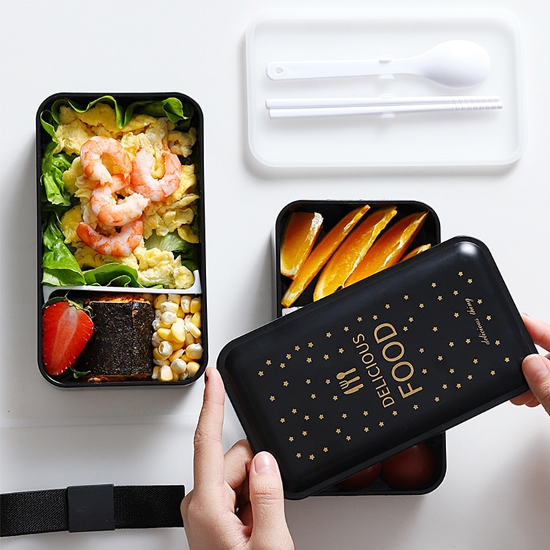 Portable Rectangular Lunch Box Double Plastic with Compartments Bento Box 1200ml Microwave Tableware Food Storage Container