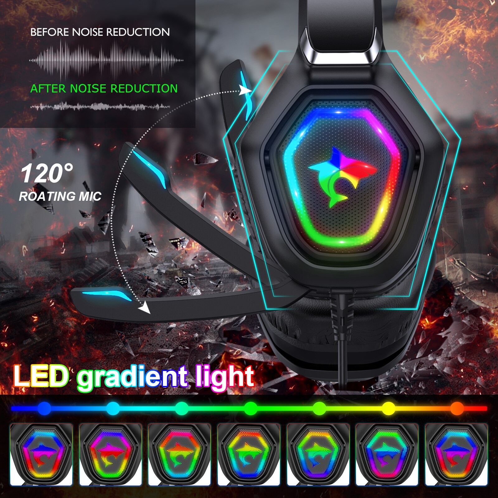 Noise reduction Headset Gamer With HD Microphone RGB Light 7.1 Surround sound USB+3.5MM Plug Wired headset For laptop/PS4/xbox