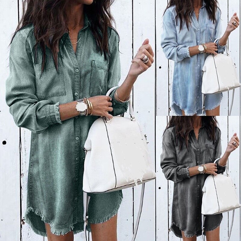 Vestido de manga larga para mujeres embarazadas, ropa de Camisa vaquera holgada, informal, a la , con solapa, para verano,