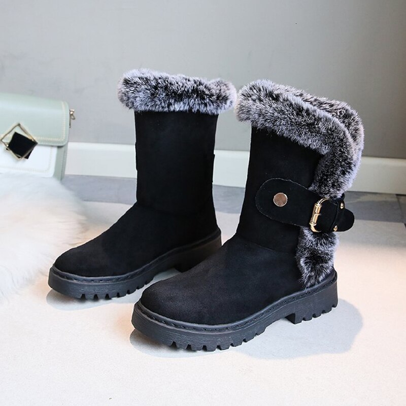 Botas de tobillo con plataforma plana para Mujer con hebilla de terciopelo para invierno Botas de nieve cálidas para Mujer zapatos cortos de felpa Botas de Mujer: 35