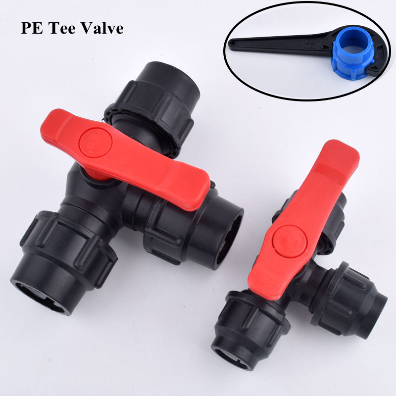 20~63mm Black PE Tee Ball Valve 3-Way Diverter Water Pipe Quick Connector, Agricultural Watering Irrigation Tube Control Valve