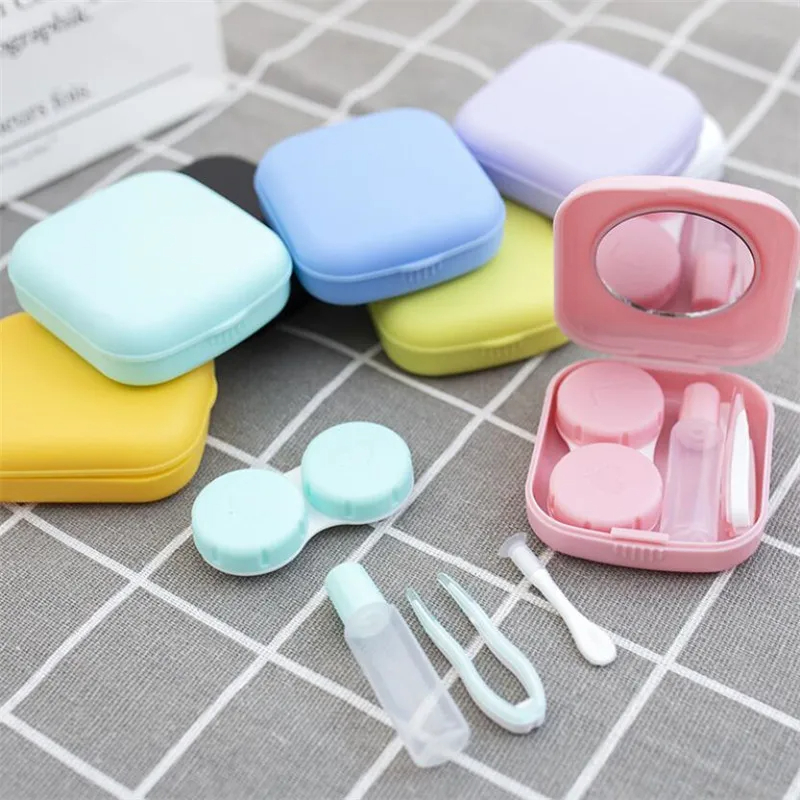 1 Stück quadratischer Mini-Kontaktlinsenbehälter mit Spiegel für Frauen, bunte Linsenbox, Augenbehälter, schöne Reise-Sets