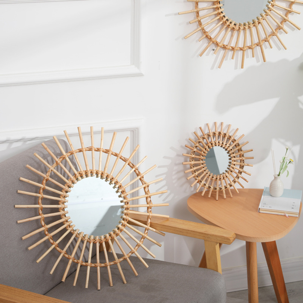 Espejo redondo de ratán para maquillaje, colgante de pared, nórdico, decoración artística innovadora