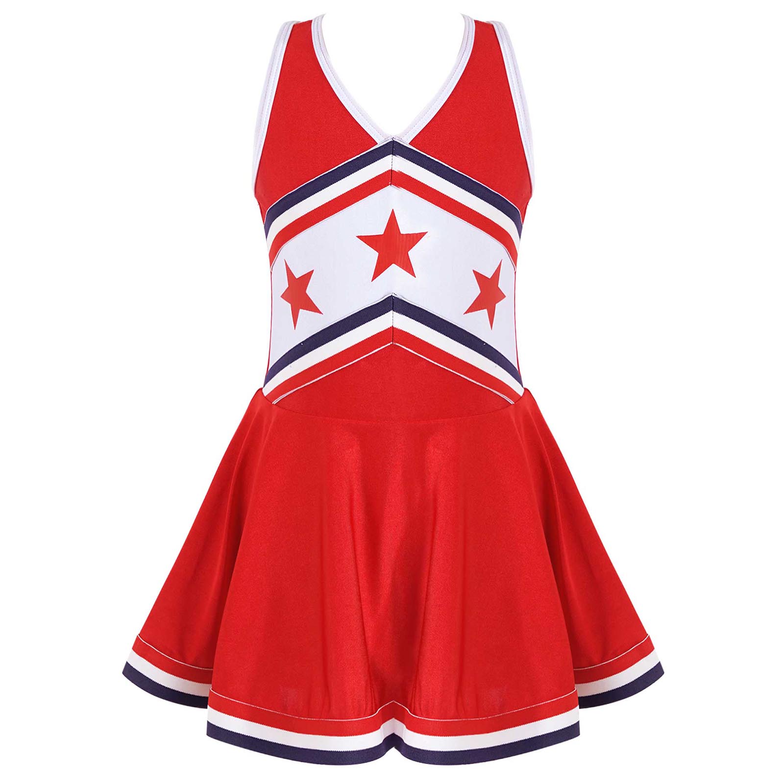 Uniforme de animadora para niños y niñas, traje de baile sin mangas, escote en V, correas dobles, espalda cruzada, estampado de estrellas: Red / 14