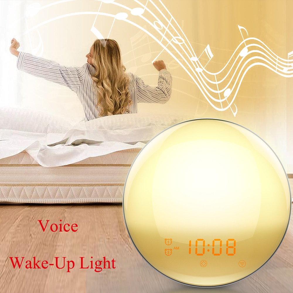 Wake Wekker 7 Kleuren Alexa Telefoon App Controle Smart Wake Up Light Digitale Nachtlampje Fm Radio Muziek Dimbare voice Lamp