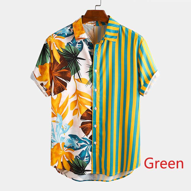 Mænd etnisk printede skjorter kortærmede revers patchwork skjorte afslappet løs blød camisas sommer hawaiian blusas plus str.: Grøn / Xxxl