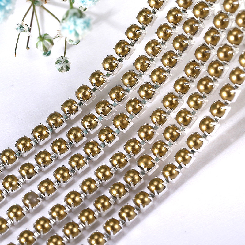 2Mm Crystal Pearl Rhinestone Chain Silver Base Cup Parel Ketting Voor Naaien Diy Kledingstuk Accessoires Trim: 2mm-1 yard / golden