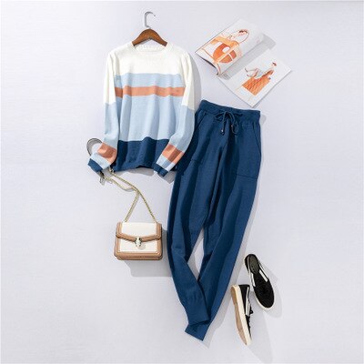 Autumn and winter casual women's knit sweater pants suit knit sportswear color strip stitching wool knit suit: 4