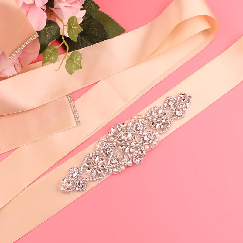 Trouwriem, kristallen bruidsriem, zilveren strass-satijnen bruidsriem voor bruiloftsaccessoires: Champagne