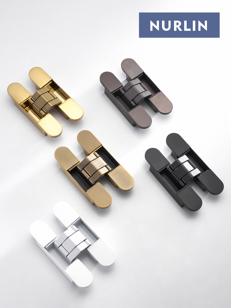 Nurlin unsichtbare Türscharniere, 3D-verstellbare verdeckte Scharniere, glänzendes Gold, Schwarz, helles Chrom, Zinklegierung, Stoßscharnier, robust