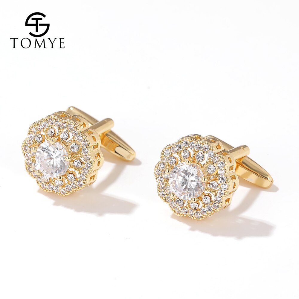 Men Cufflinks TOMYE XK20S004 Luxury Zircon Round Golden Shirt Cuff Links: Default Title