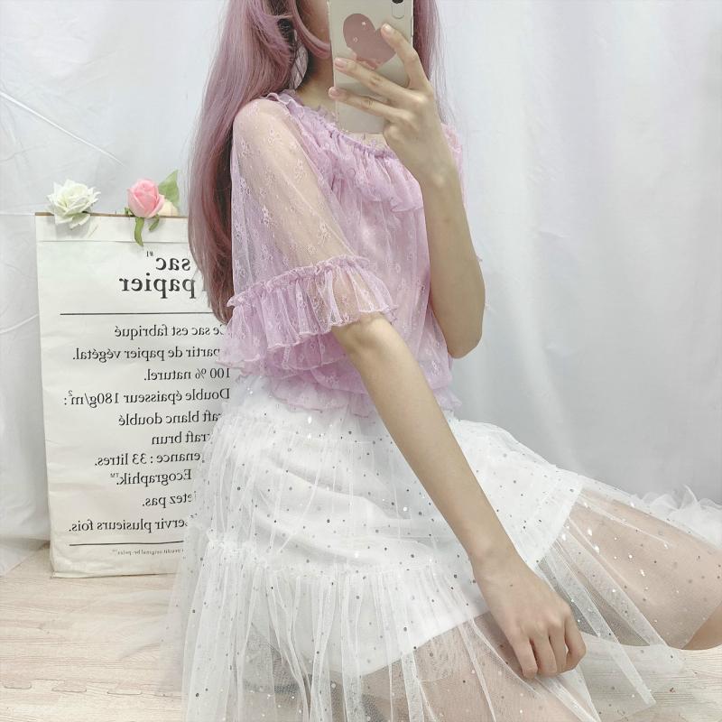 Sommer blød søster lolita top jsk kjole lolita med flæsede trompetærmer knop silke gaze bluse top