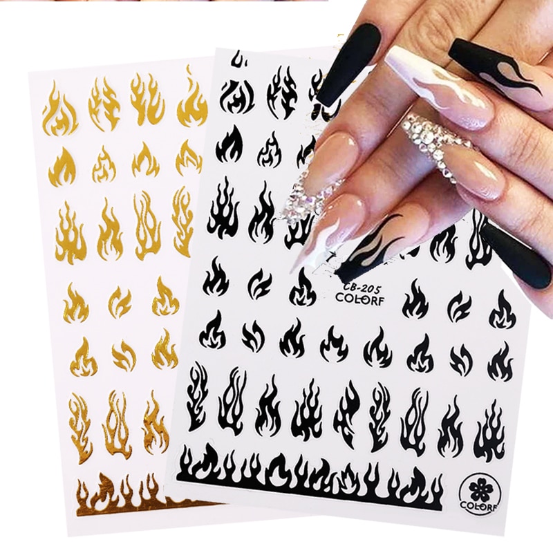 3D Holographics Fire Flaming Nail Stickers Slider Goud Zwart Jaar Decals Diy Nail Art Decoraties Decor Tool