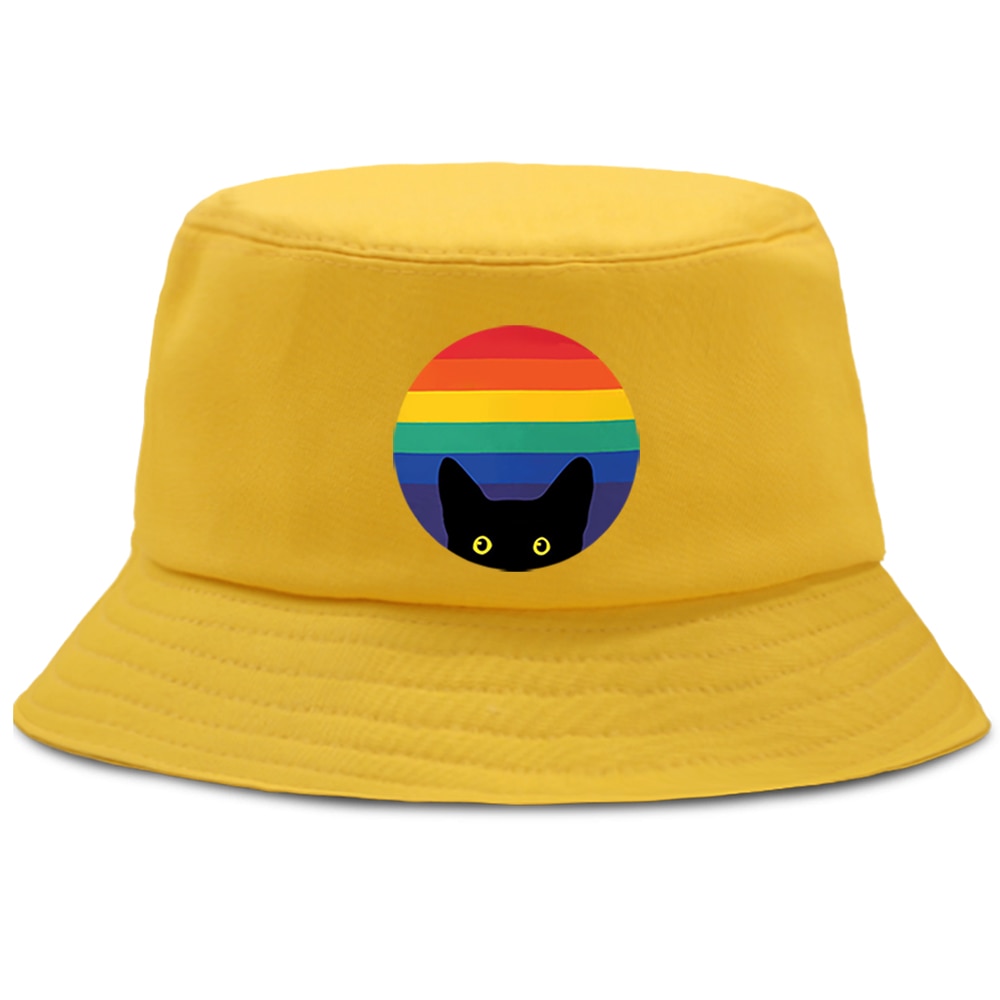 Bænk madafaks tegneserie kat panama kasketter afslappet udendørs fiskerhue unisex sommer fiskekat solcreme strand spand hatte: Gul 6