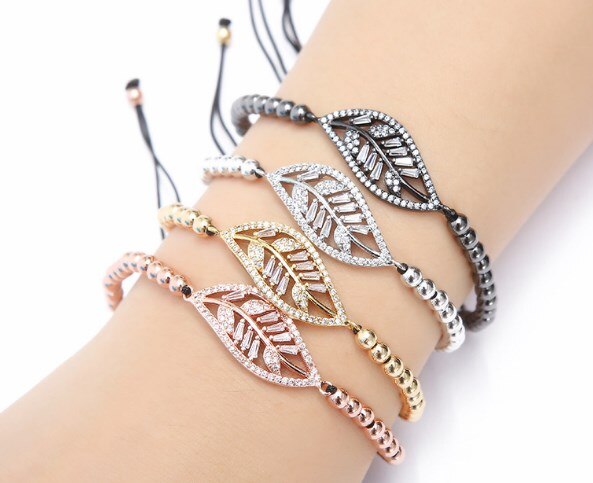 Goud Zilver Micro Pave Cz Zirkoon Zirconia Armband Touw Aangepast Macrame Uuh2 Koperen Kralen Leaf Charm Gevlochten Armbanden