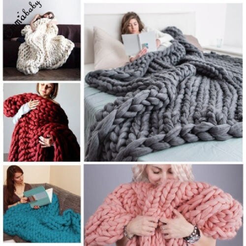 Chunky Knitted Thick Blanket Hand Wool Bulky Knit Throw Sofa Blanket Handmade US
