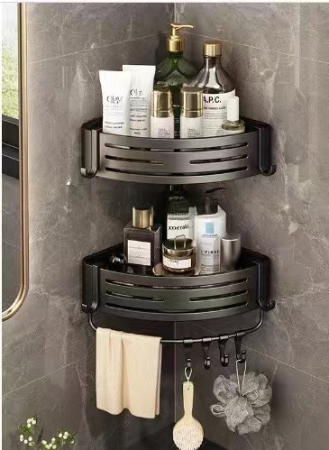 Estante esquinero para baño sin taladro, estantes esquineros para ducha montados en la pared con gancho, barra de toalla, estante organizador de baño de aluminio espacial: Gris claro