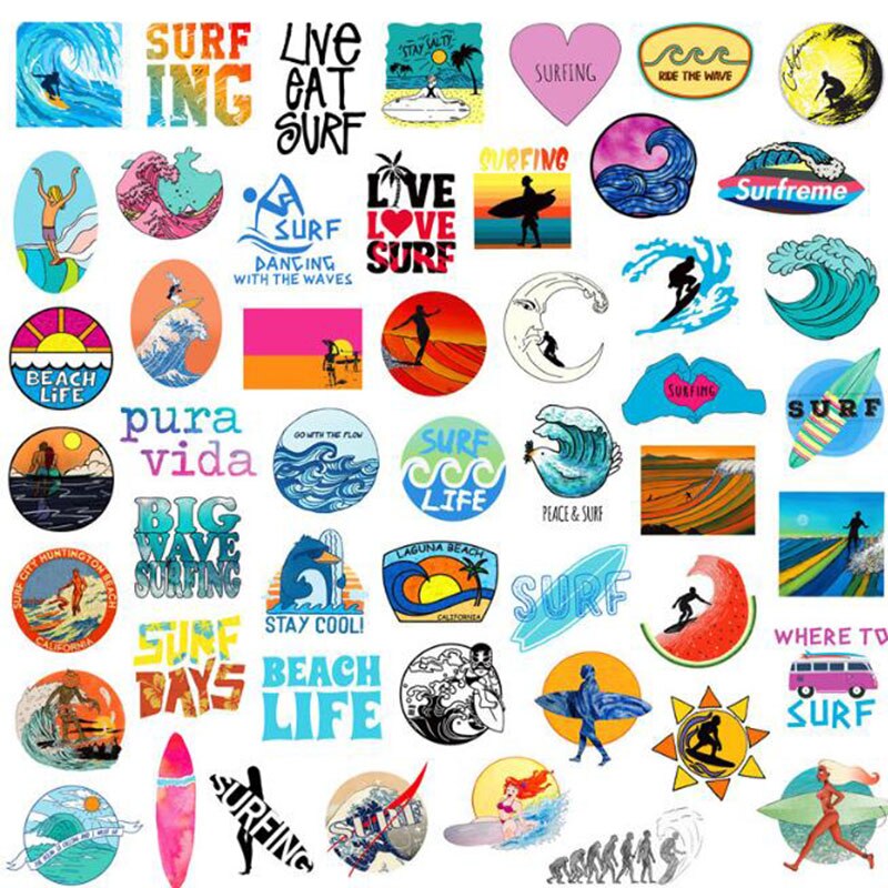 50Pcs/Set INS Fun Beach Surfing Stickers For Laptop Luggage Skateboard Guitar Motocycle Doodle Decor Helmet Surfboard Stickers