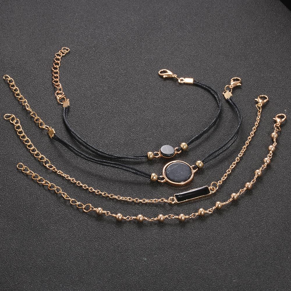 4 Pz/set Della Boemia Nero Rotondo di Cristallo Geometrica Borda I Braccialetti Per Le Donne Catena In Pelle Bracciale In Oro Set Monili di Personalità