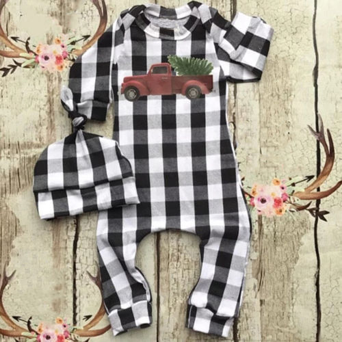 Leuke Pasgeboren Baby Baby Jongens Meisjes Lange Mouwen Gecontroleerd Katoen Plaid Romper Jumpsuit Outfits Kleding Herfst Cap Toevallige