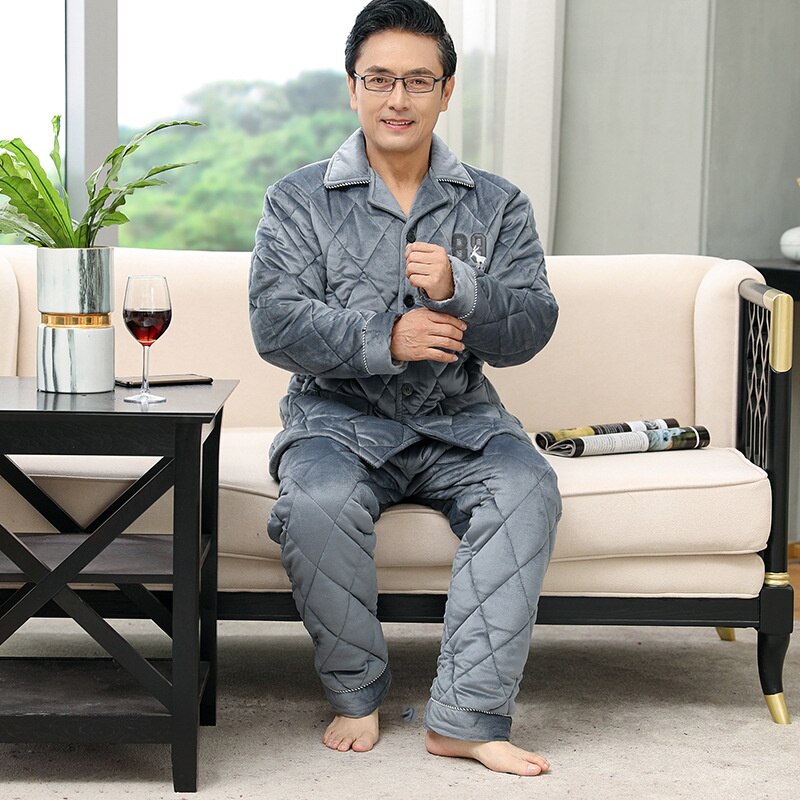 Inverno algodão pijamas masculinos de manga comprida engrossado quente cardigan lapela moda lazer de meia-idade e idosos roupa de casa terno: LM-8911 / XXXL