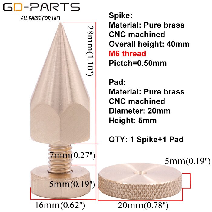 M6 m8 m10 rosca de bronze alto-falante pés pico alta fidelidade amp plataforma giratória gravador estúdio monitor instrumento suporte isolamento cone perna amortecedor: M6-(6mm Thread)