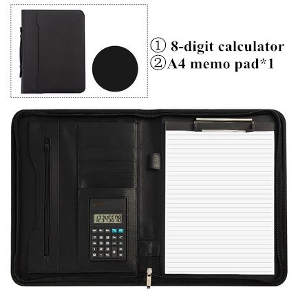 A4 Zipper Padfolio Portable File Bag Luxury Folder With Calculator Organizer Memo Pads Business Manager Briefcase Stationery: B Black