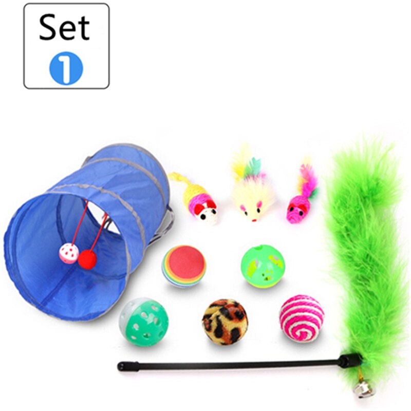 10/15/17/20pcs Pet Cat toy Set Cat Feather Toys Teaser Wand Pet Ball Rings Interactive Products Cat Tunnel Toy Telescopic Rod