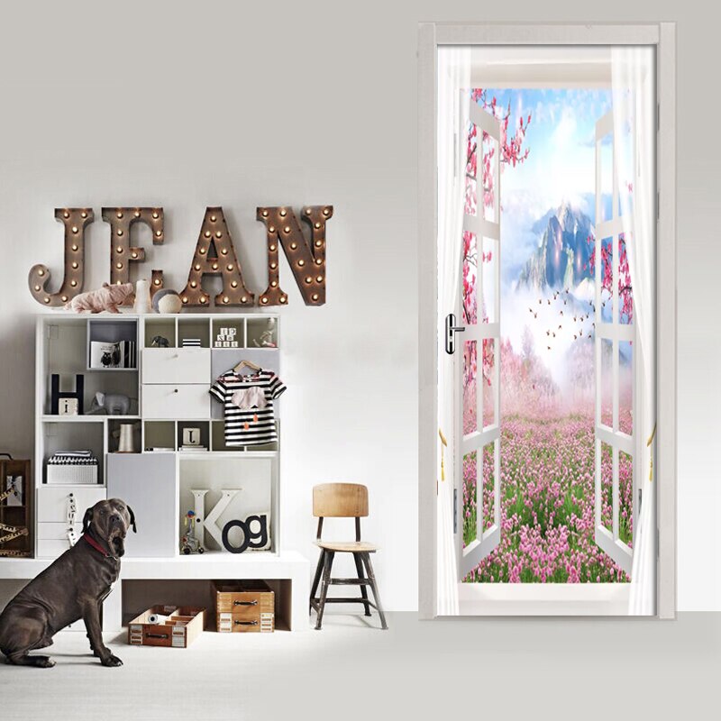 3D Wall Door Sticker Scenery Outside Window Wallpaper Living Room Bedroom Home Decor Paste PVC Self-Adhesive Waterproof 3D Mural