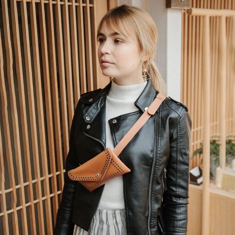 Punk Solid Color Rivet Shoulder Waist Bags Female Girls Fanny Belt Packs Women PU Leather Crossbody Casual Messenger Chest Bags