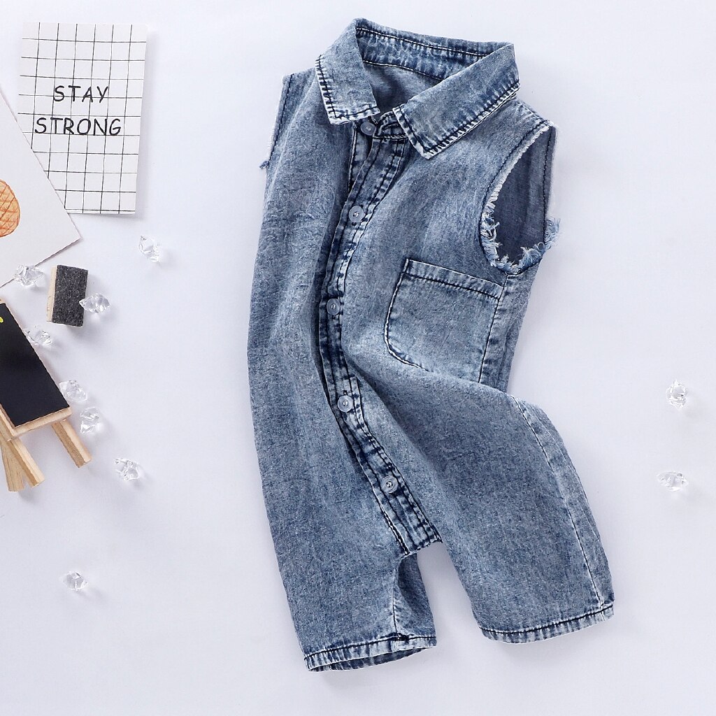 Bébé Été Denim Barboteuse Enfant En Bas Âge -Né Bébé Garçon Fille Sans Manches Bouton Poche Barboteuses Infantile Jumpsuit Vêtements Décontractés Tenues